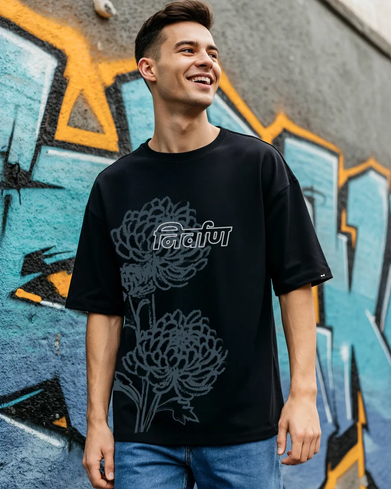 bewakoof Men's Jet Black Nirvan Graphic Printed Oversized T-shirt